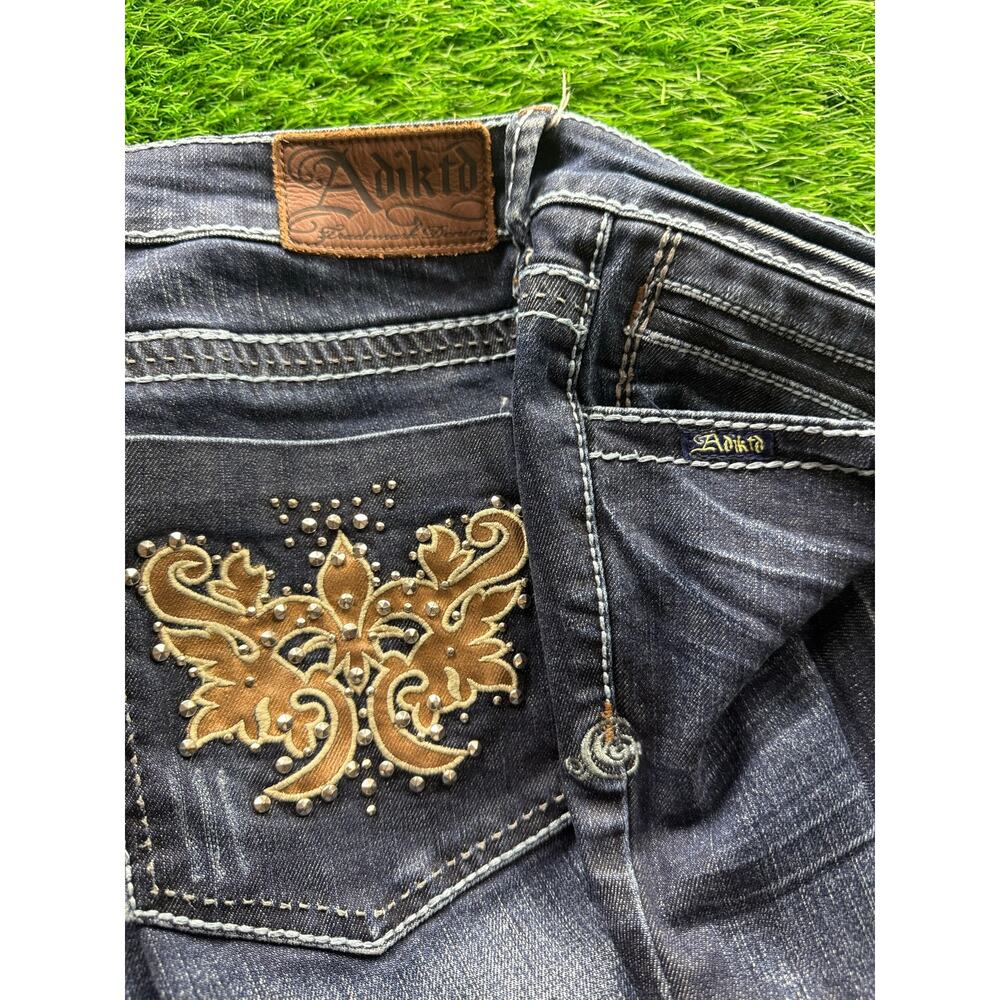 Adiktd Jeans Womens 8 W30 L35 Bootcut Dark Wash Fleur De Lis Studded Y2K Western - Picture 8 of 16